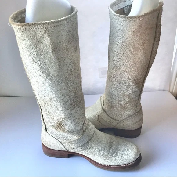 Size 7 / FRYE Leather Moto Boots / Cream Crackled-Distressed Look - Picture 2 of 15